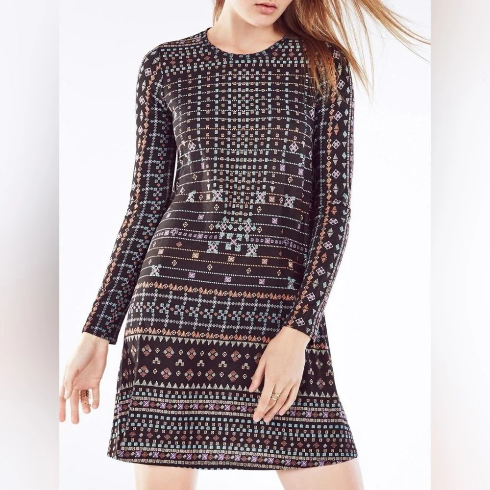 BCBGMaxAzria Jeanna Long Sleeve Dress Blackberry Combo Size M